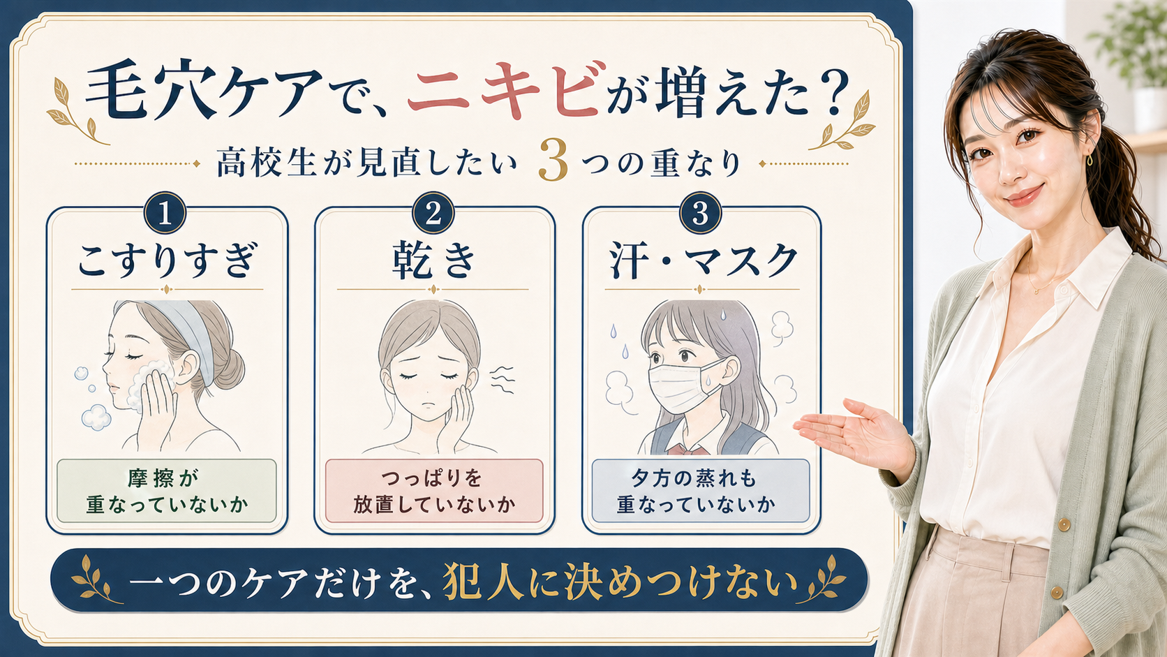 毛穴ケア後にニキビが増えた時のこすりすぎ、乾き、汗・マスクを整理する3カード図