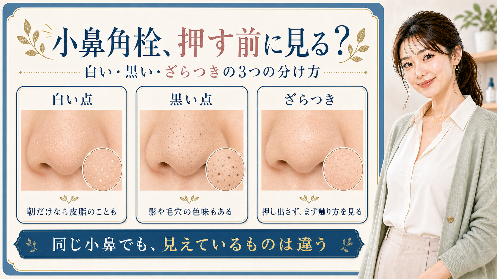 小鼻のざらつきを白い点、黒い点、ざらつきに分ける3カード図