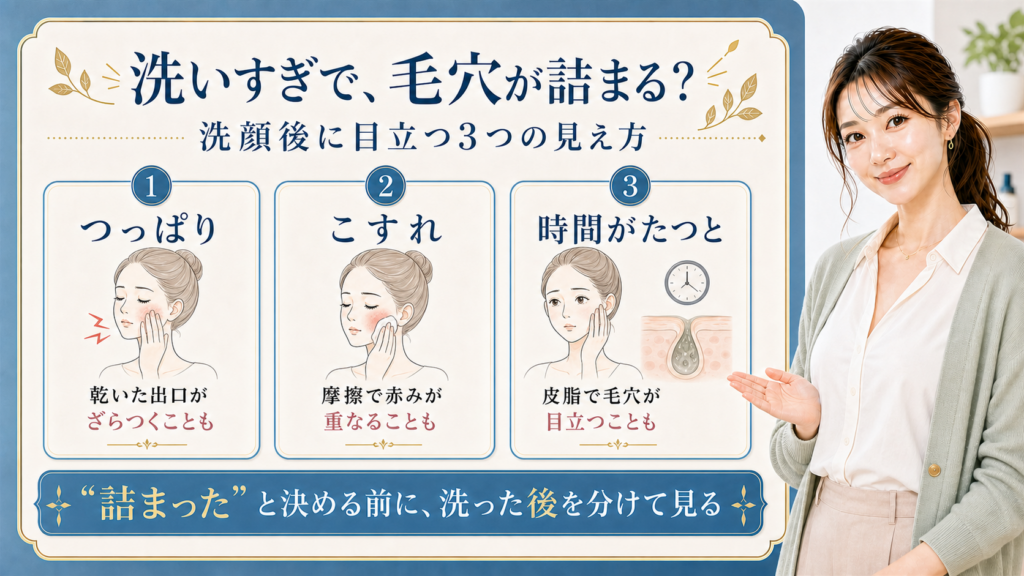 洗顔しすぎで毛穴が目立つ時のつっぱり、こすれ、時間経過を整理する3カード図