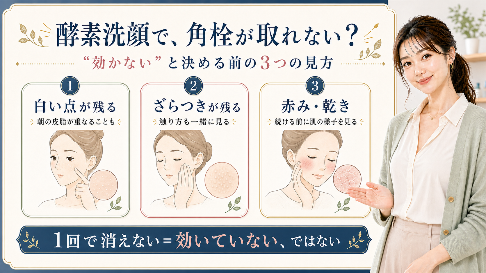 酵素洗顔後に角栓が取れない時の白い点、ざらつき、赤み・乾きを整理する3カード図