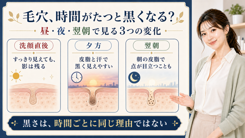毛穴が時間とともに黒く見える洗顔直後、夕方、翌朝の変化を整理する3カード図
