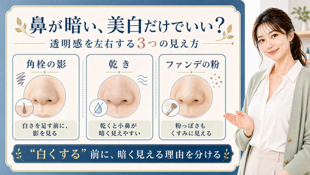 鼻が暗く見える角栓の影、乾き、ファンデの粉を整理する3カード図