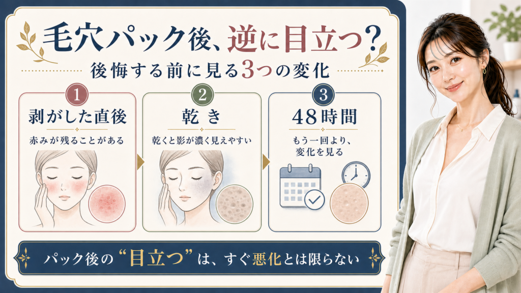 毛穴パック後に目立つ時の剥がした直後、乾き、48時間を整理する3カード図