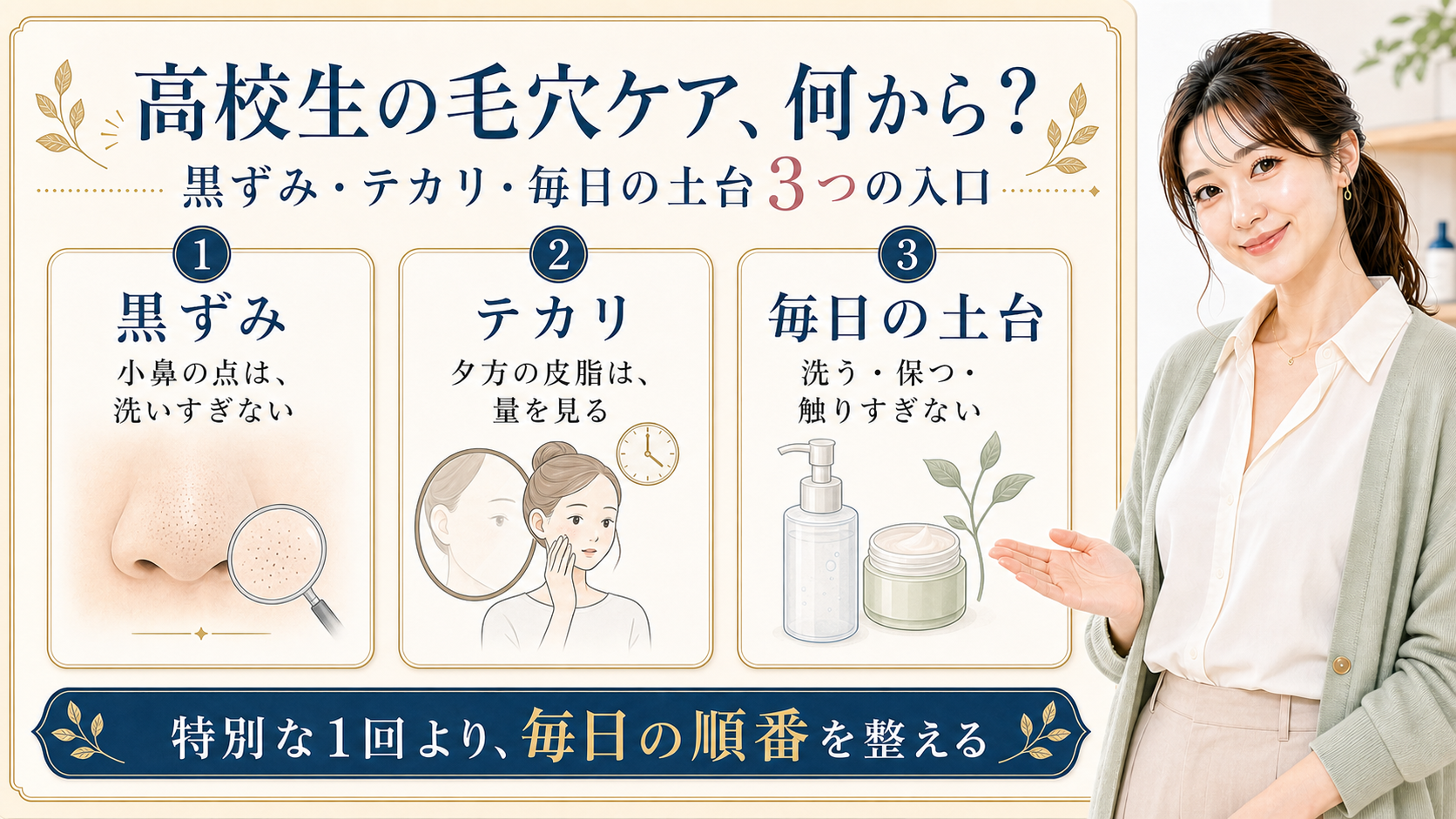 高校生の毛穴ケアを黒ずみ、テカリ、毎日の土台の3つの入口で整理する図