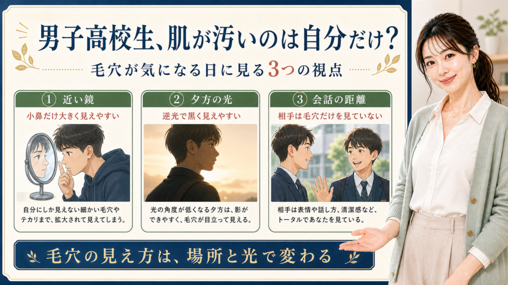 男子高校生の毛穴が気になる日に近い鏡、夕方の光、会話の距離を見る3カード図