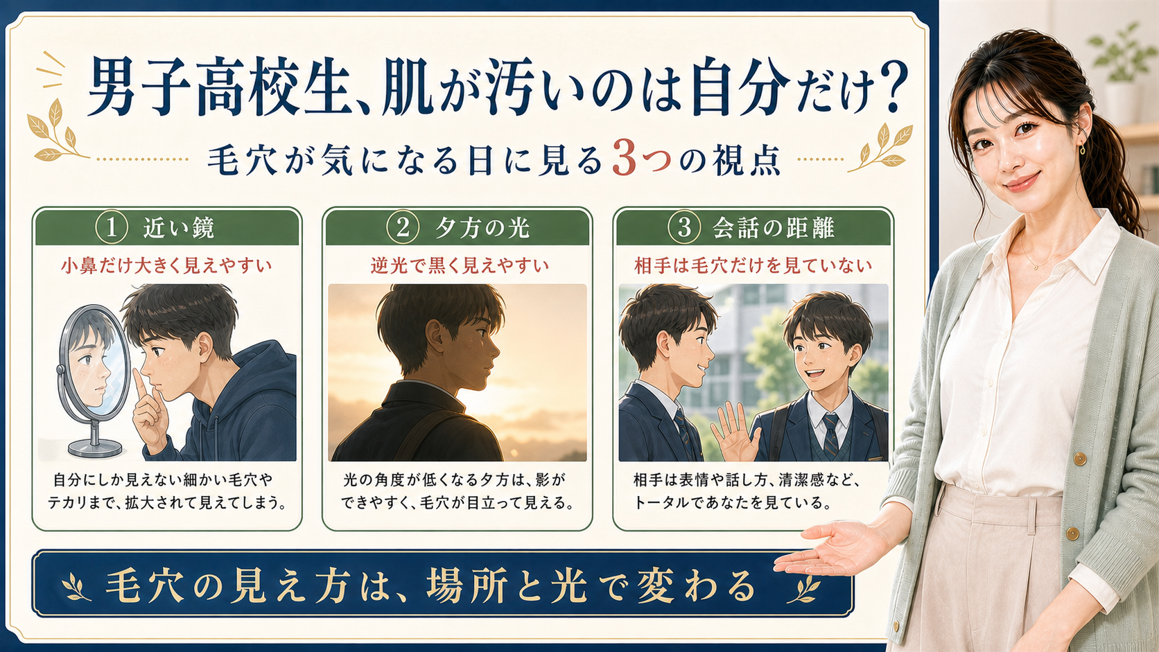 男子高校生の毛穴が気になる日に近い鏡、夕方の光、会話の距離を見る3カード図