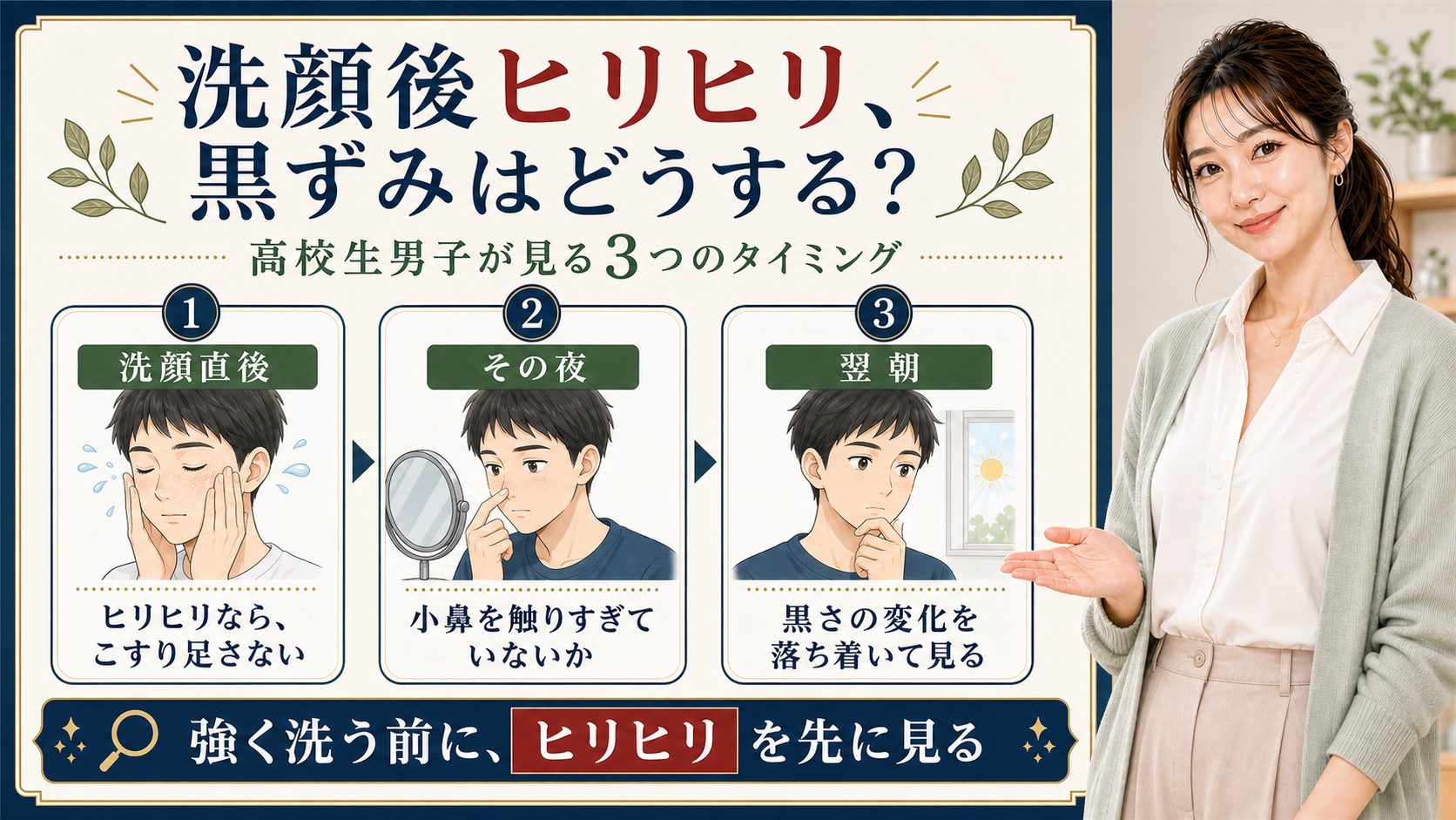 洗顔後のヒリヒリと黒ずみを洗顔直後、その夜、翌朝の3タイミングで見る図