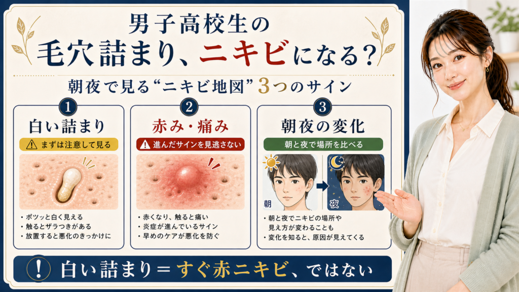 男子高校生の毛穴詰まりを白い詰まり、赤み・痛み、朝夜の変化で見るニキビ地図3カード図