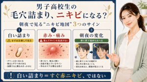 男子高校生の毛穴詰まりを白い詰まり、赤み・痛み、朝夜の変化で見るニキビ地図3カード図