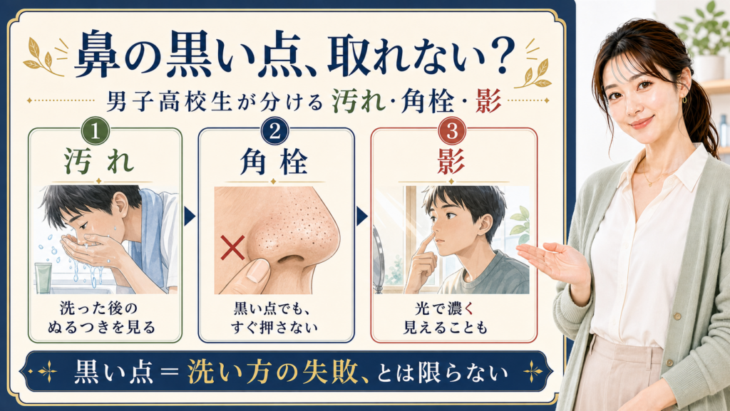 男子高校生の鼻の黒い点を汚れ、角栓、影に分けて整理する3カード図