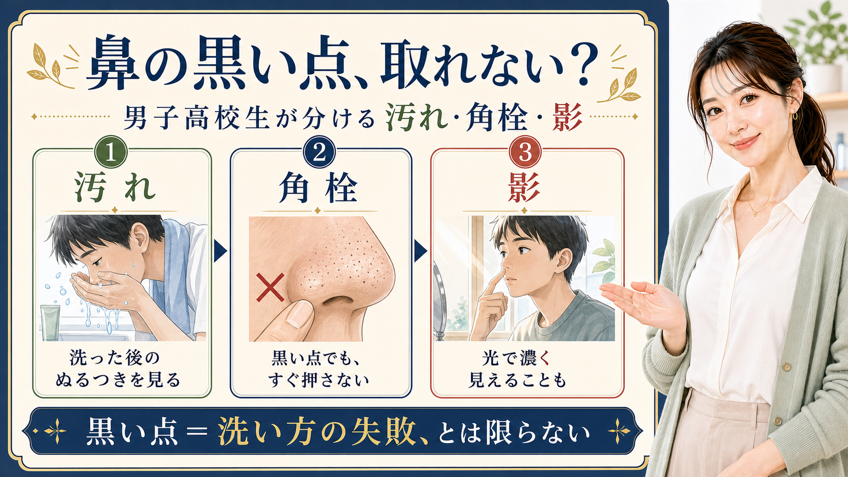 男子高校生の鼻の黒い点を汚れ、角栓、影に分けて整理する3カード図