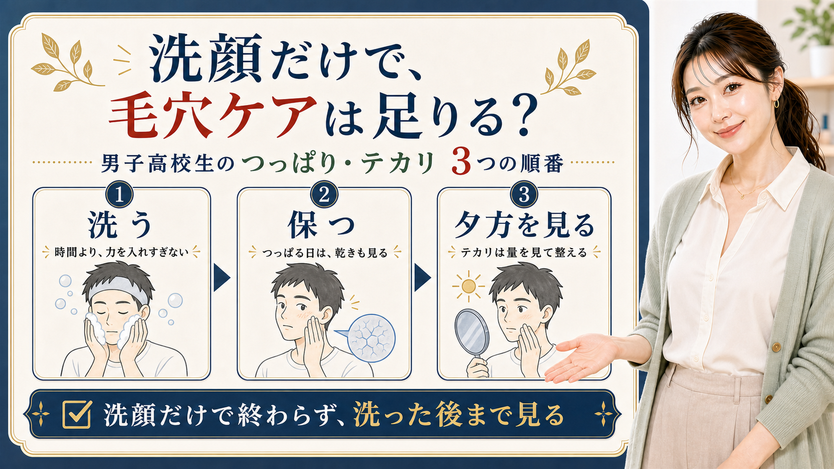 男子高校生の毛穴ケアを洗う、保つ、夕方を見るの3つの順番で整理する図