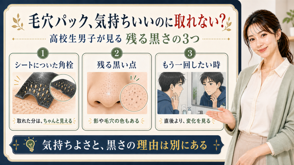 男子高校生の毛穴パック後に残る黒さをシートについた角栓、残る黒い点、もう一回したい時で整理する図