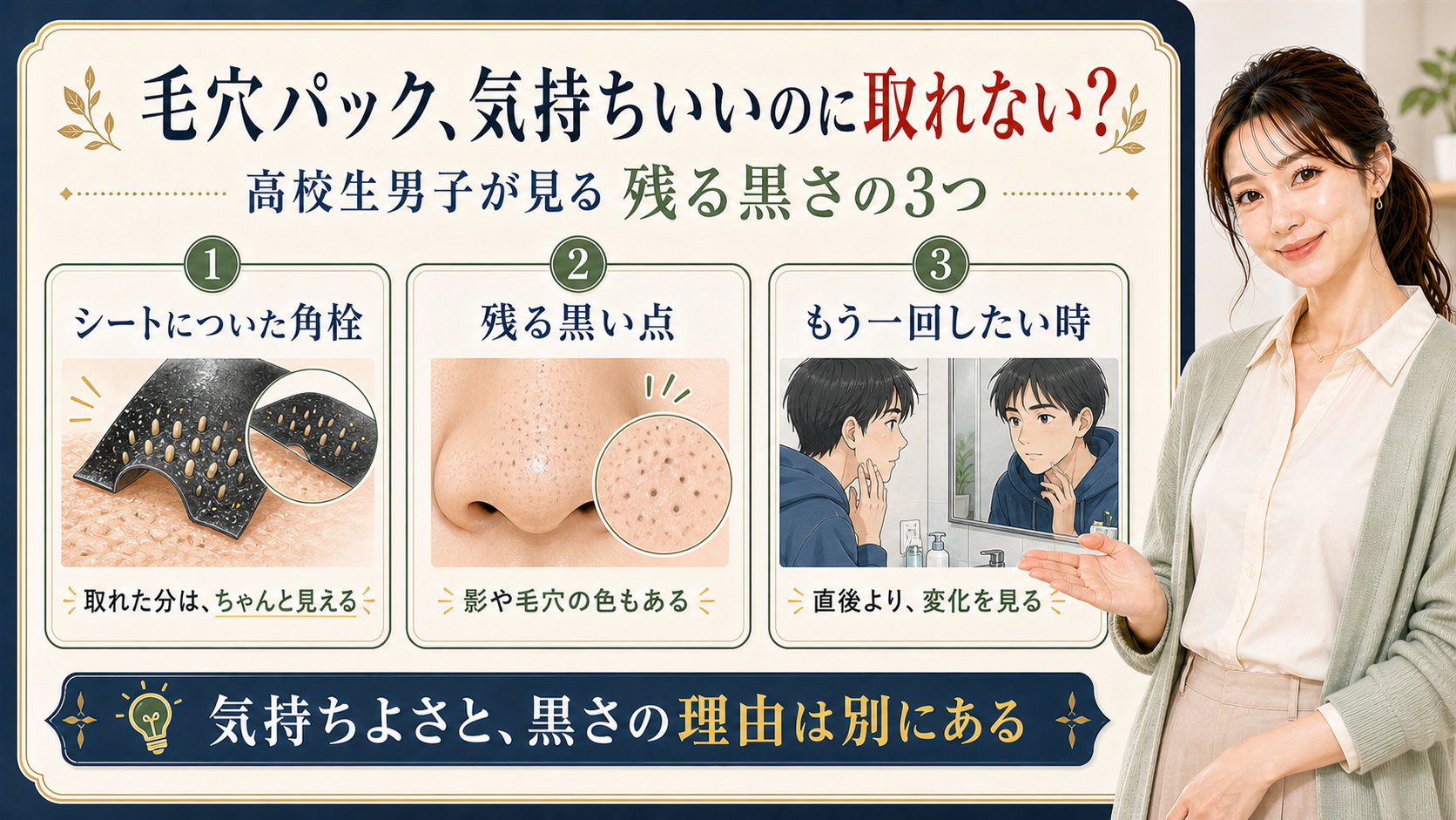 男子高校生の毛穴パック後に残る黒さをシートについた角栓、残る黒い点、もう一回したい時で整理する図