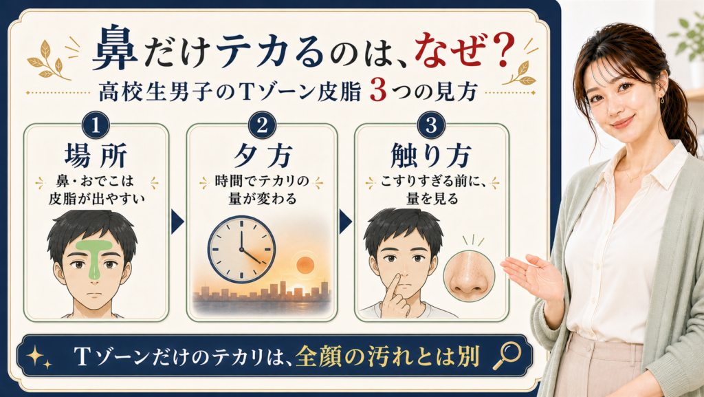 高校生男子の鼻だけテカるTゾーン皮脂を場所、夕方、触り方で整理する3カード図