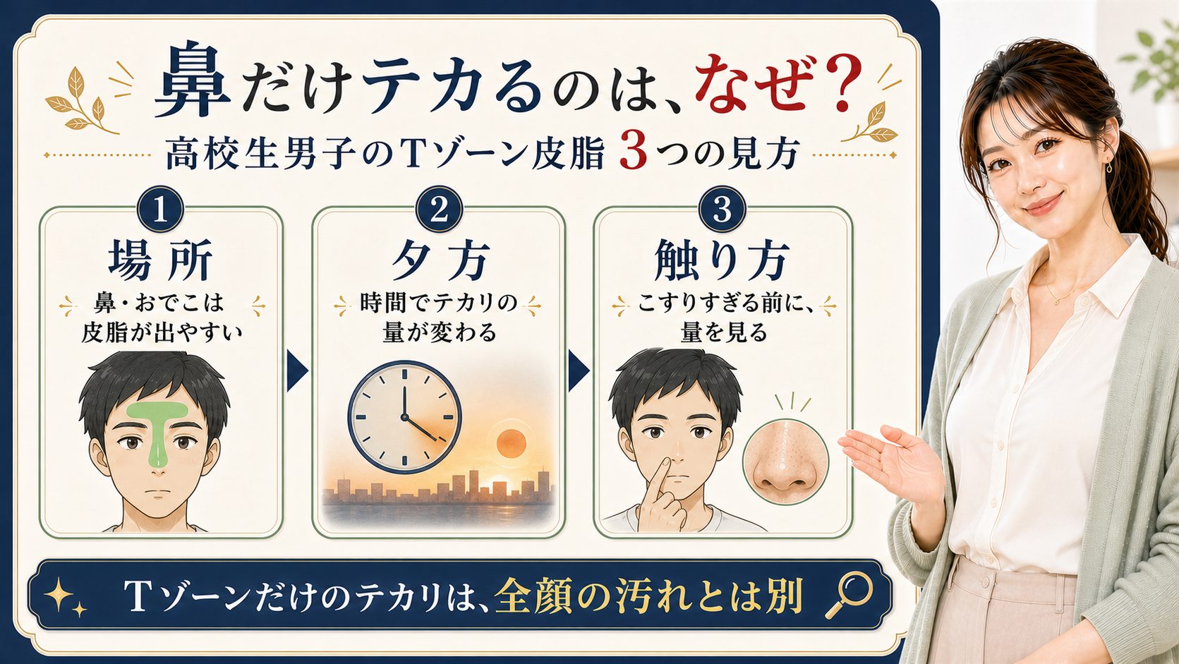 高校生男子の鼻だけテカるTゾーン皮脂を場所、夕方、触り方で整理する3カード図