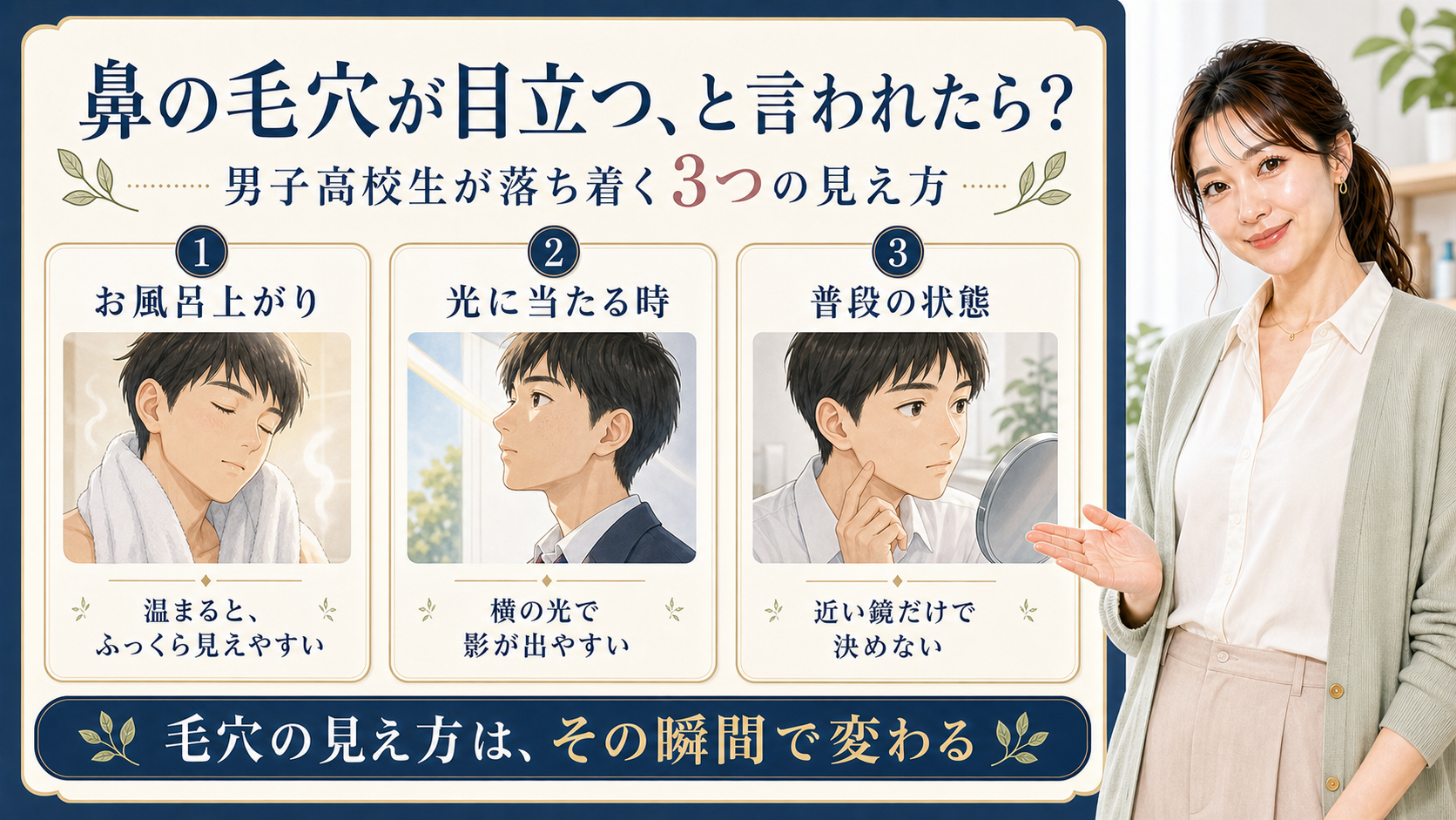 男子高校生の鼻の毛穴が目立つ時をお風呂上がり、光に当たる時、普段の状態で整理する3カード図