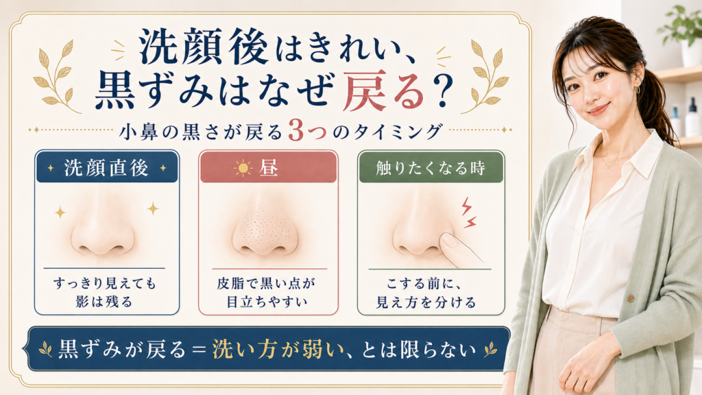 洗顔後に黒ずみが戻る小鼻を洗顔直後、昼、触りたくなる時の3カードで整理する図