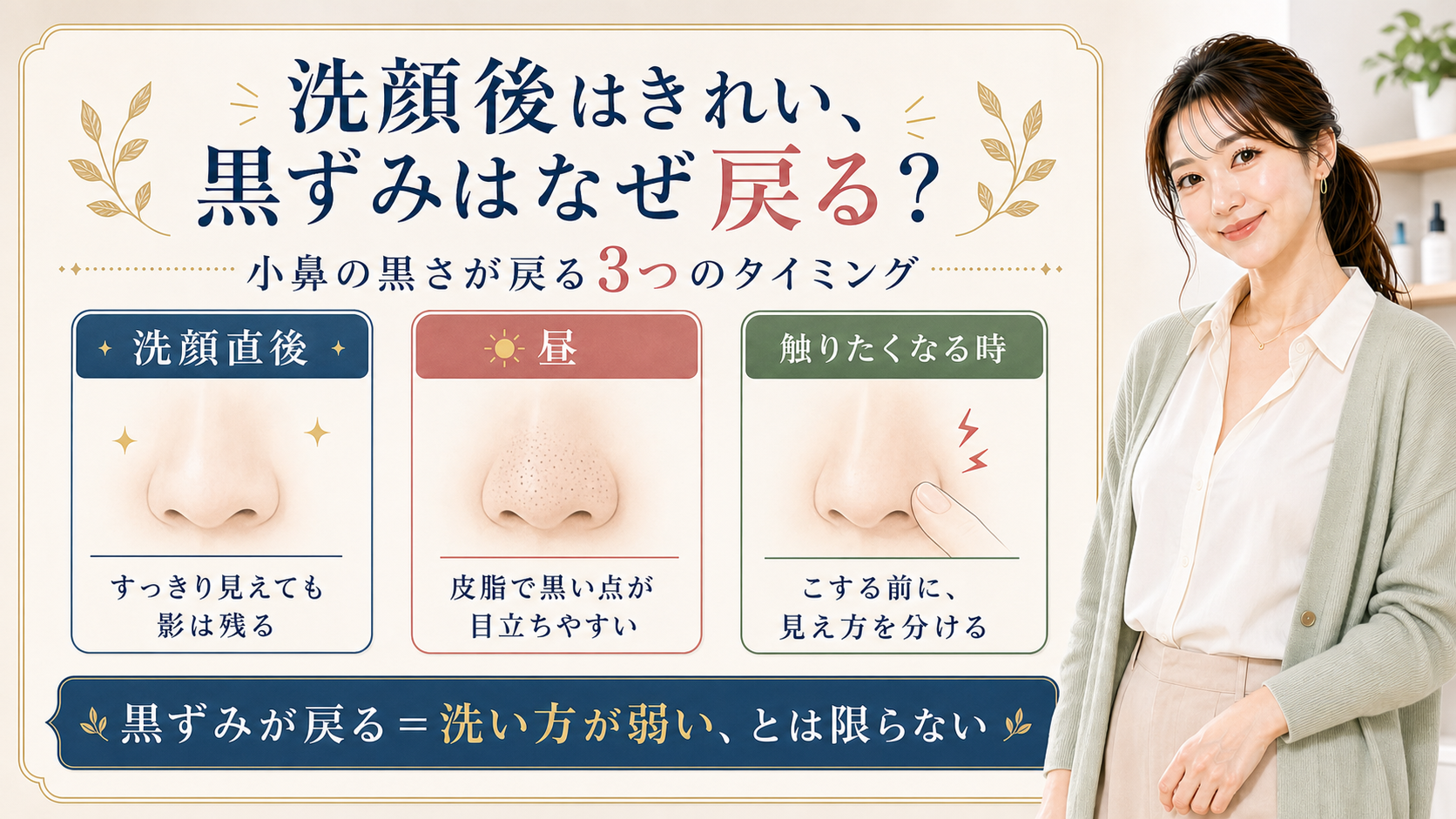 洗顔後に黒ずみが戻る小鼻を洗顔直後、昼、触りたくなる時の3カードで整理する図