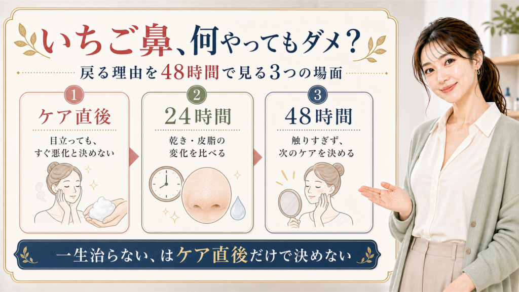 いちご鼻をケア直後、24時間、48時間で見る3カード図