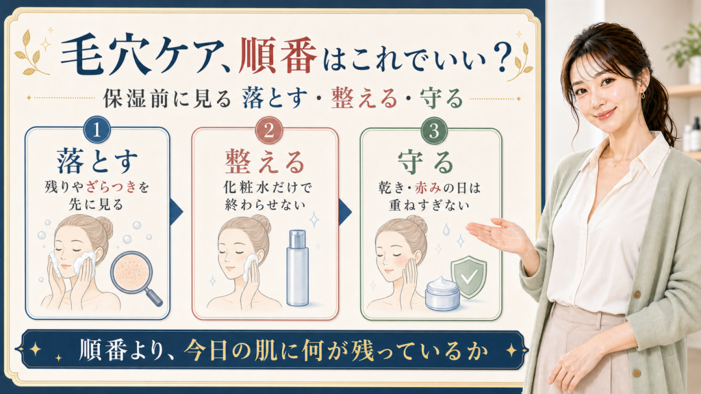 毛穴ケアの順番を落とす、整える、守るの3カードで整理する図