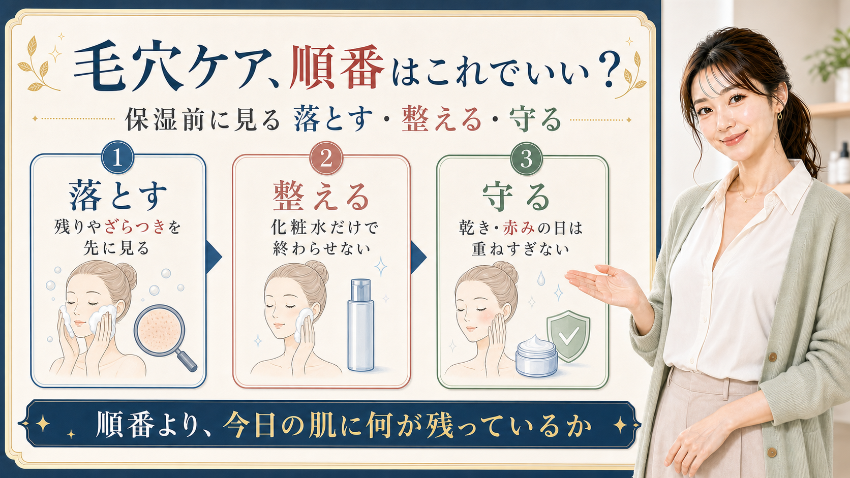 毛穴ケアの順番を落とす、整える、守るの3カードで整理する図