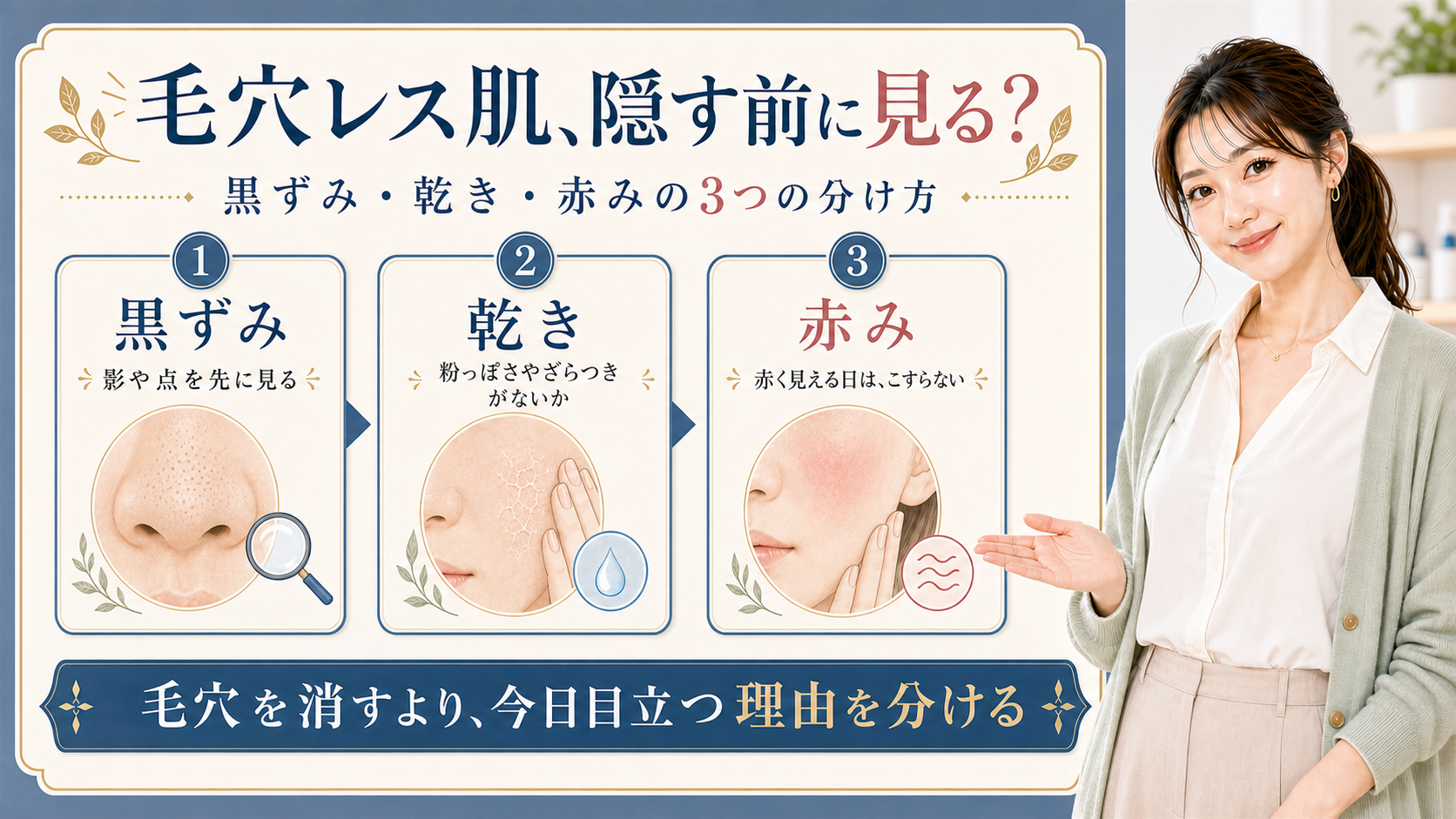 毛穴が目立つ理由を黒ずみ、乾き、赤みに分ける3カード図