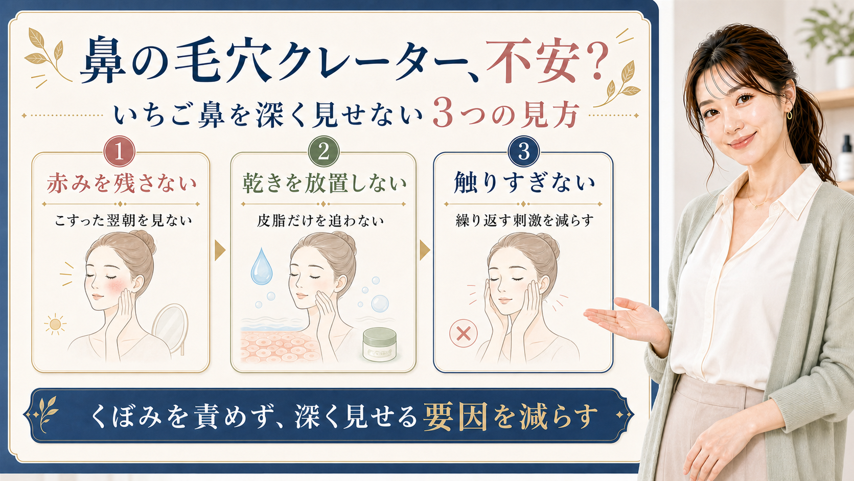 鼻の毛穴クレーターを深く見せないための赤み、乾き、反復刺激の3カード図