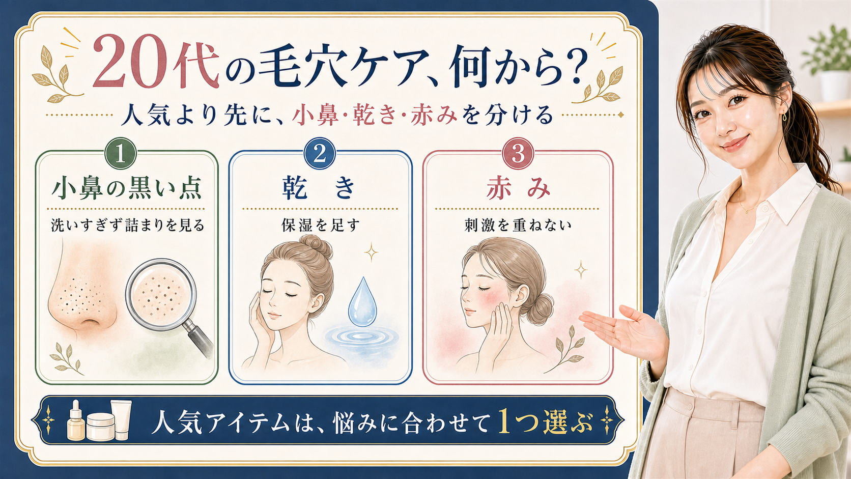 20代の毛穴ケアを小鼻の黒い点、乾き、赤みで分ける3カード図