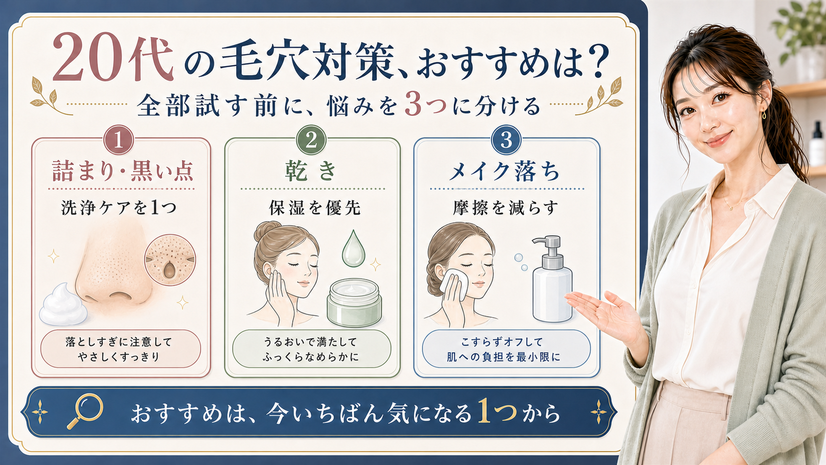 20代の毛穴対策を詰まり、乾き、メイク落ちで分ける3カード図