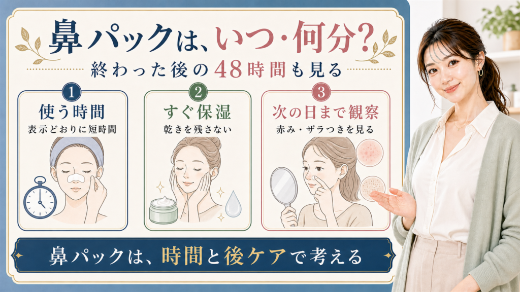 鼻パックの時間、直後の保湿、翌日までの観察を整理する3カード図