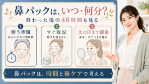 鼻パックの時間、直後の保湿、翌日までの観察を整理する3カード図
