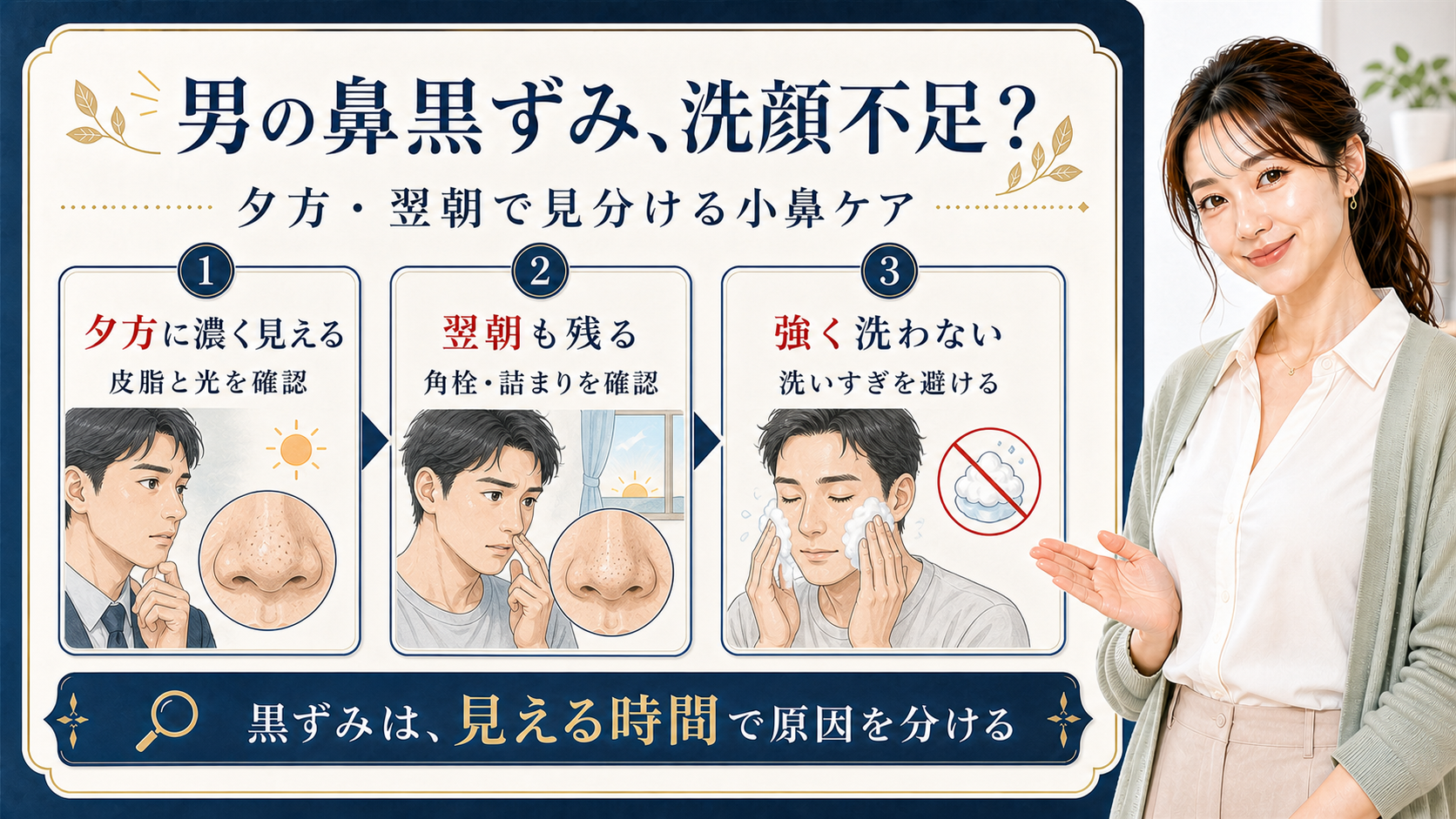 男性の鼻黒ずみを夕方、翌朝、洗顔の見方で分ける3カード図