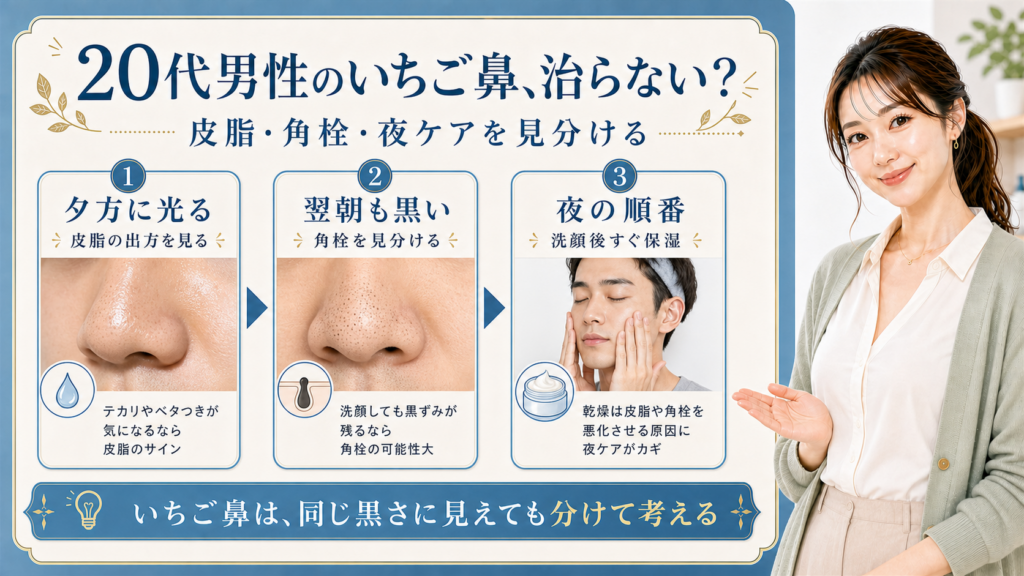 男性のいちご鼻を皮脂、角栓、夜ケアで見分ける3カード図
