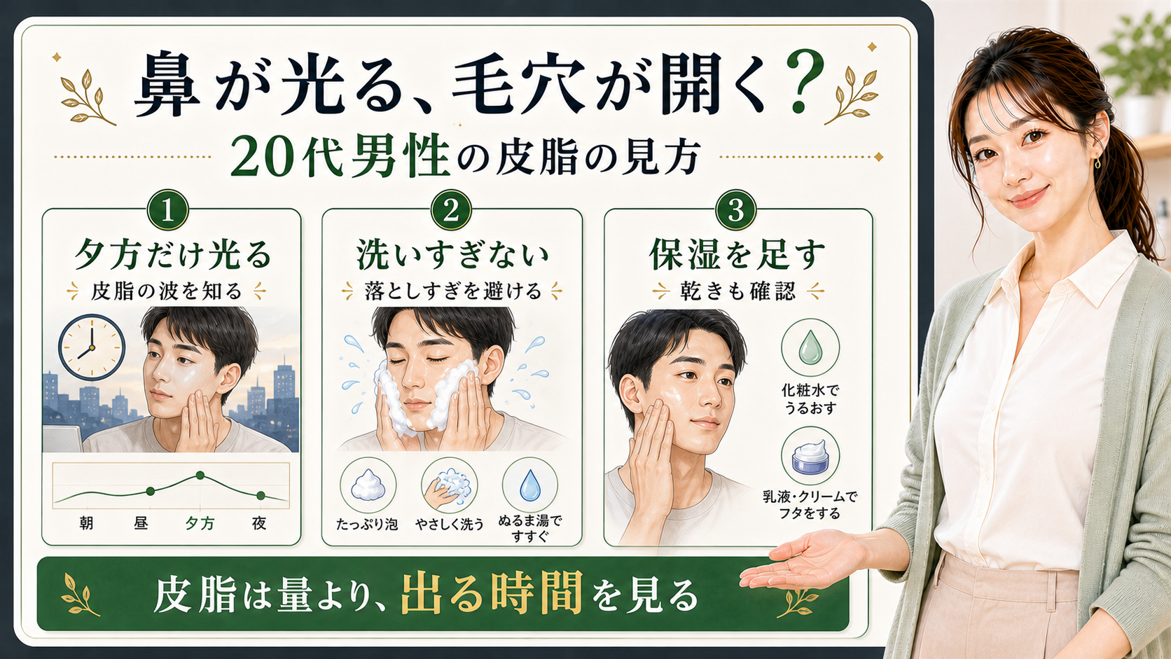 男性の鼻が光るときの皮脂、洗顔、保湿を整理する3カード図