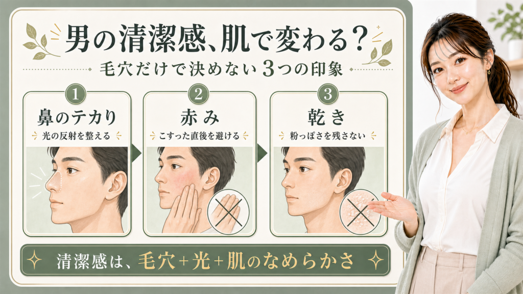男性の清潔感を鼻のテカり、赤み、乾きで整理する3カード図