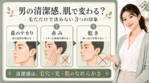 男性の清潔感を鼻のテカり、赤み、乾きで整理する3カード図