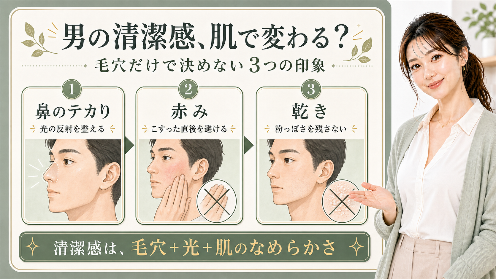 男性の清潔感を鼻のテカり、赤み、乾きで整理する3カード図