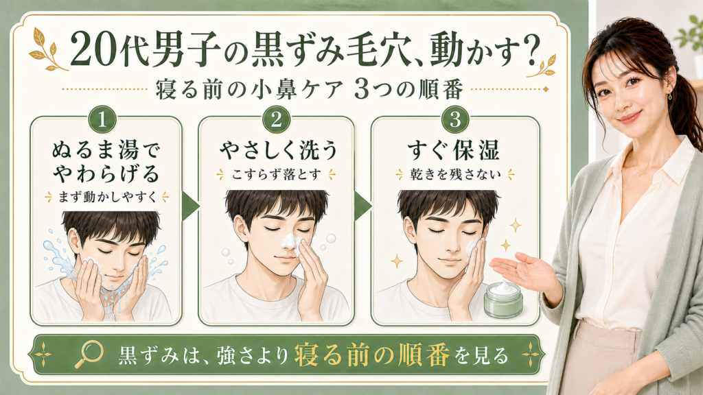 男性の寝る前の小鼻ケアをぬるま湯、洗顔、保湿の順番で整理する3カード図