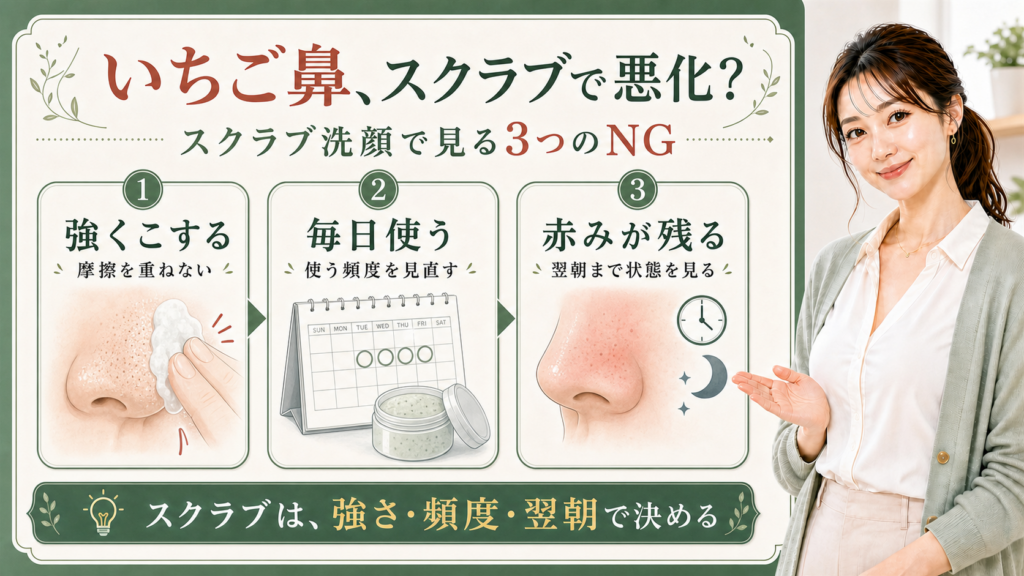 いちご鼻のスクラブ洗顔を強さ、頻度、翌朝で整理する3カード図