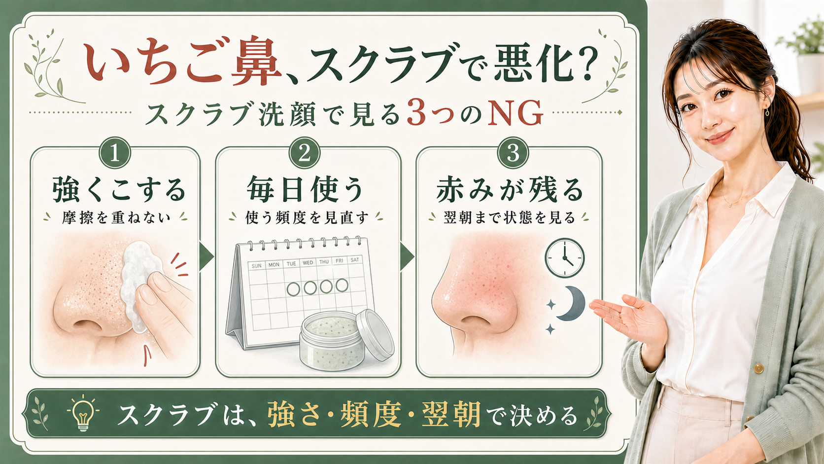 いちご鼻のスクラブ洗顔を強さ、頻度、翌朝で整理する3カード図