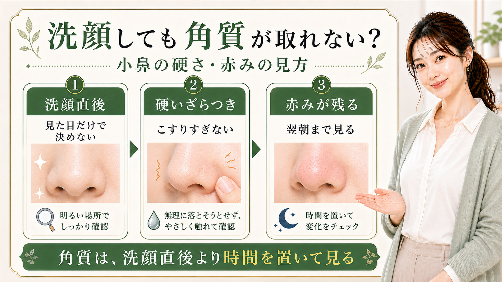 洗顔後の角質を洗顔直後、硬いざらつき、赤みで整理する3カード図