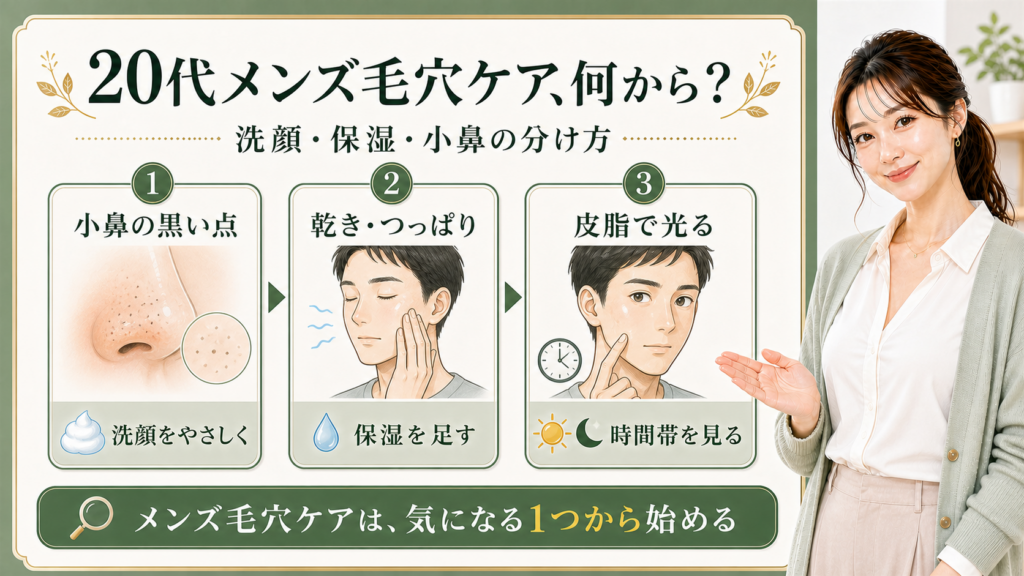 20代男性の毛穴ケアを小鼻、乾き、皮脂で分ける3カード図