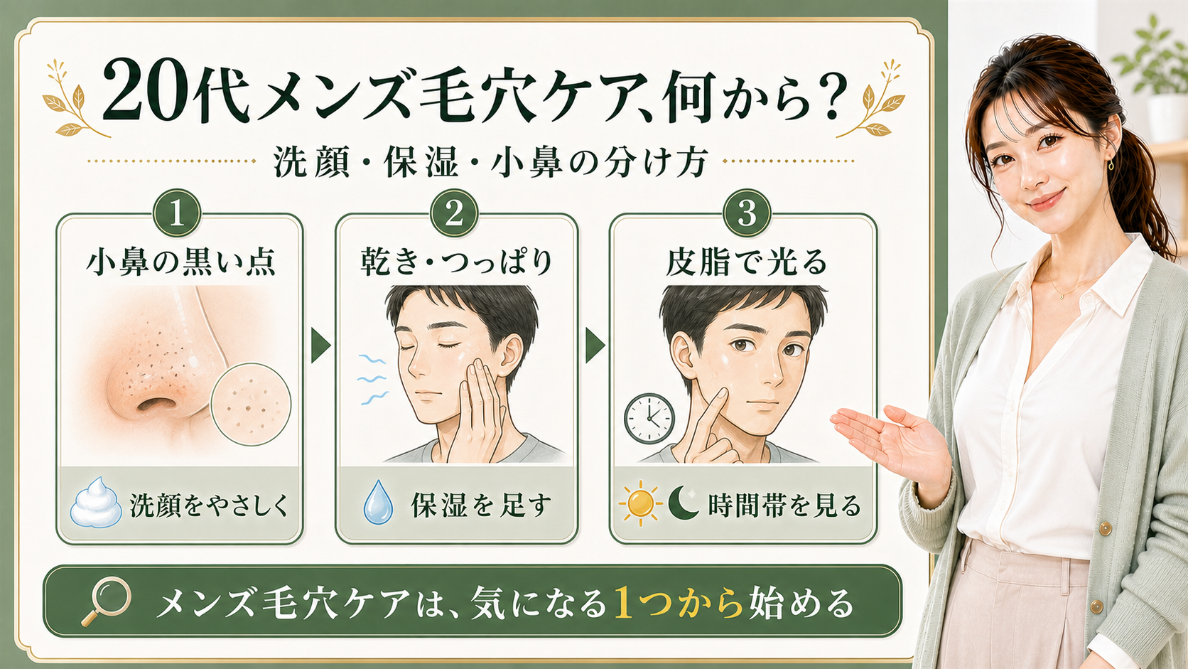 20代男性の毛穴ケアを小鼻、乾き、皮脂で分ける3カード図