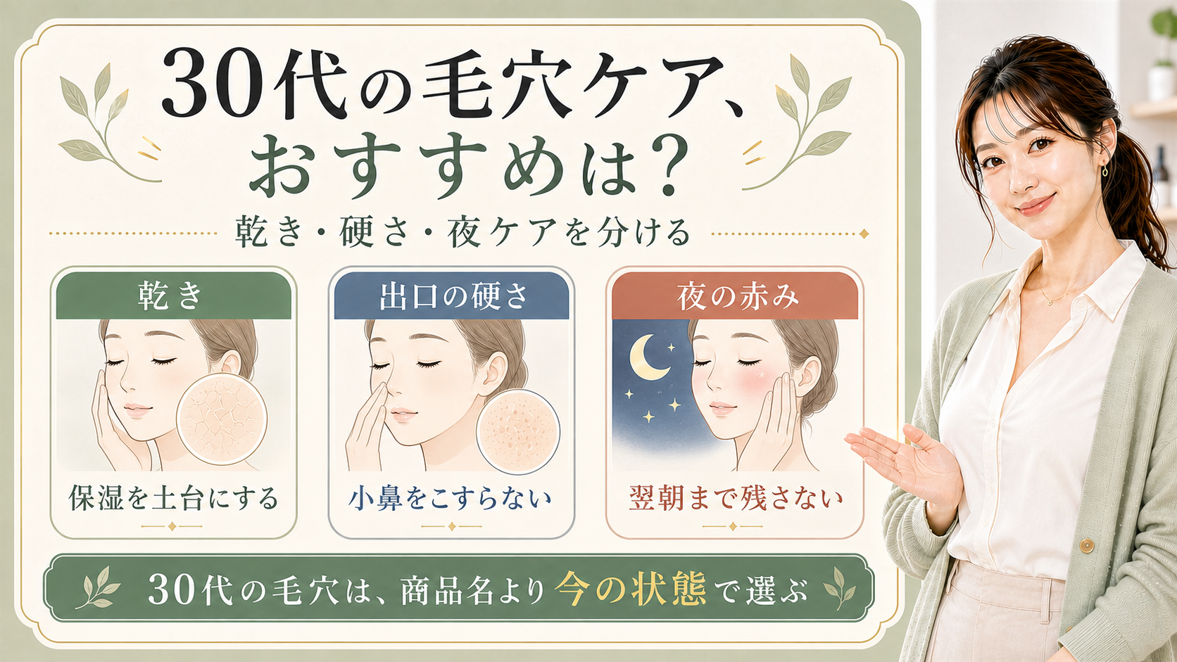 30代の毛穴ケアを乾き、出口の硬さ、夜の赤みで分ける3カード図