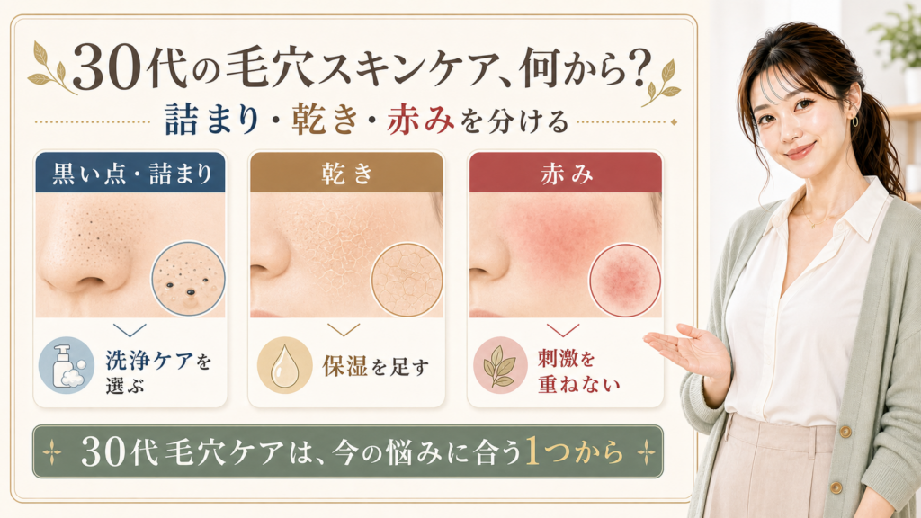 30代の毛穴ケアを詰まり、乾き、赤みで分ける3カード図