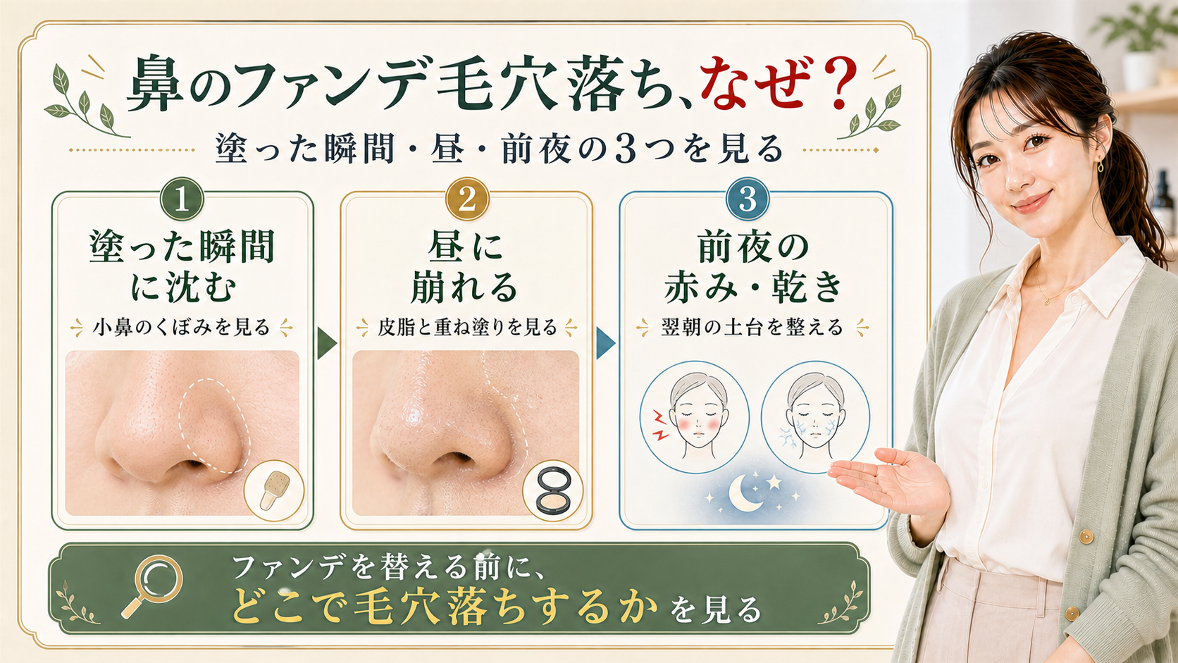 鼻のファンデ毛穴落ちを塗った瞬間、昼、前夜で整理する3カード図