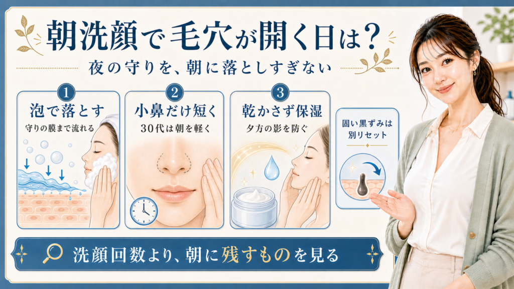 朝洗顔で毛穴が開いて見える理由と30代の洗い方を示す403記事アイキャッチ