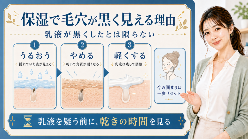 保湿や乳液で毛穴が黒く見える理由と乾きの見方を示す406記事アイキャッチ