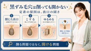 黒ずみ毛穴の定着を出口の固さとして示す408記事アイキャッチ
